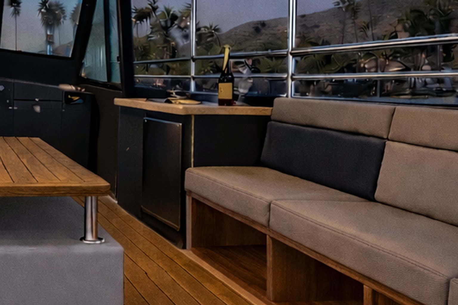 Starboard bottle bar with refrigeration on the Aurora Sol harbor cruise boat