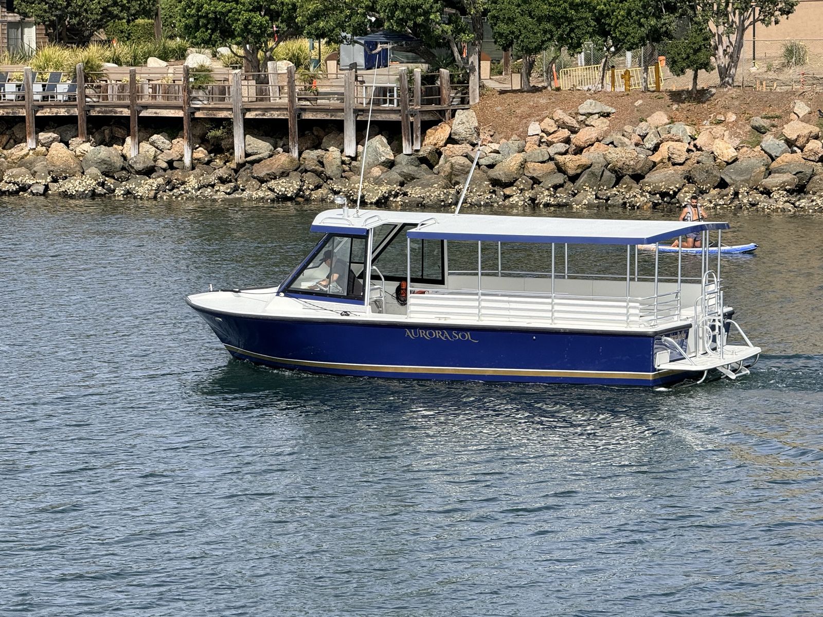 Aurora Sol, a 22-passenger private charter boat, cruising in Marina del Rey