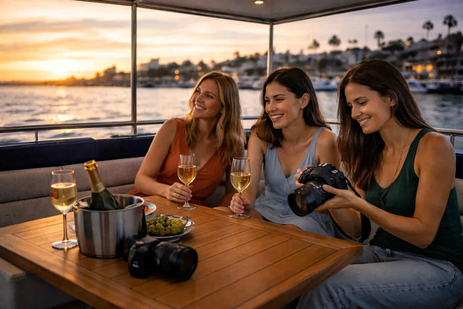 Guests relaxing aboard Aurora Sol during a calm golden hour harbor cruise