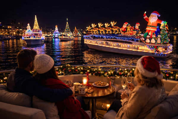 Holiday lights boat parade harbor cruise in Marina del Rey